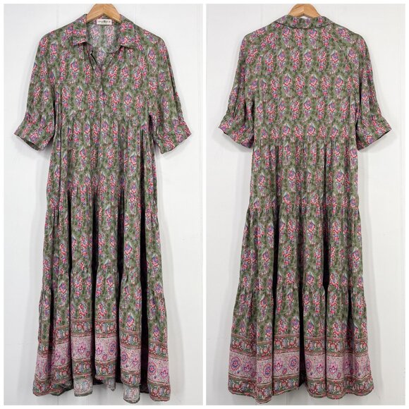 Natural Life Rebecca Midi Dress Floral Cottagecore Boho Size Medium Green Pink - Picture 1 of 16